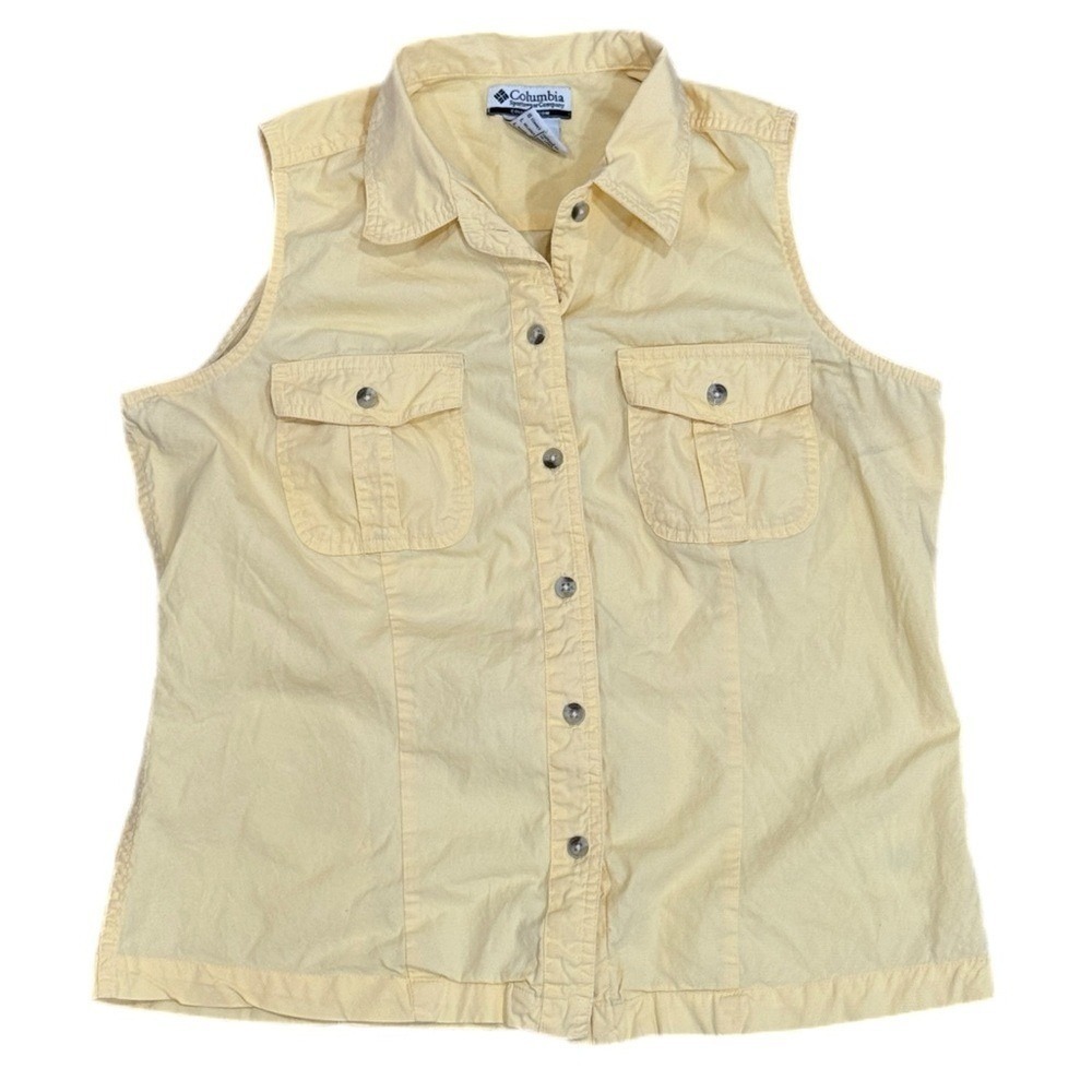 Vintage Columbia Shirt Sleeveless Collared Button-Up Yellow Women's Large